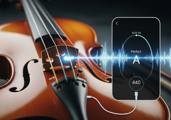 Close-up of a violin with an online tuner interface.