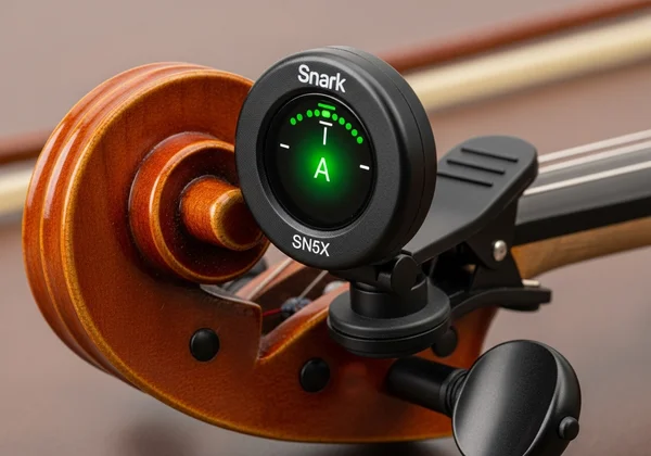 A clip-on tuner attached to a violin headstock, tuning.