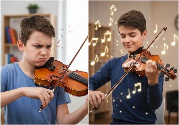 Violinist tuning, showing frustration and eventual clarity.