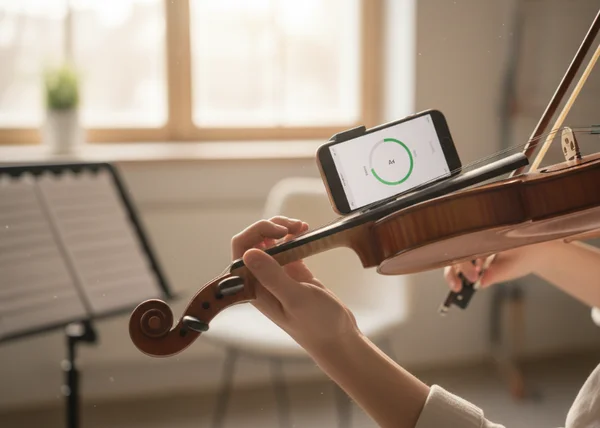 Violinist using an online tuner with ear training focus
