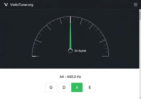Screenshot of ViolinTuner.org's online tuning tool.
