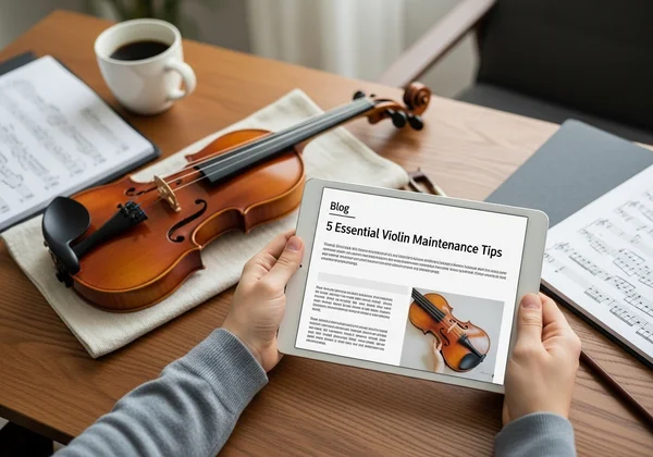 Violinist learning from online resources on a tablet.